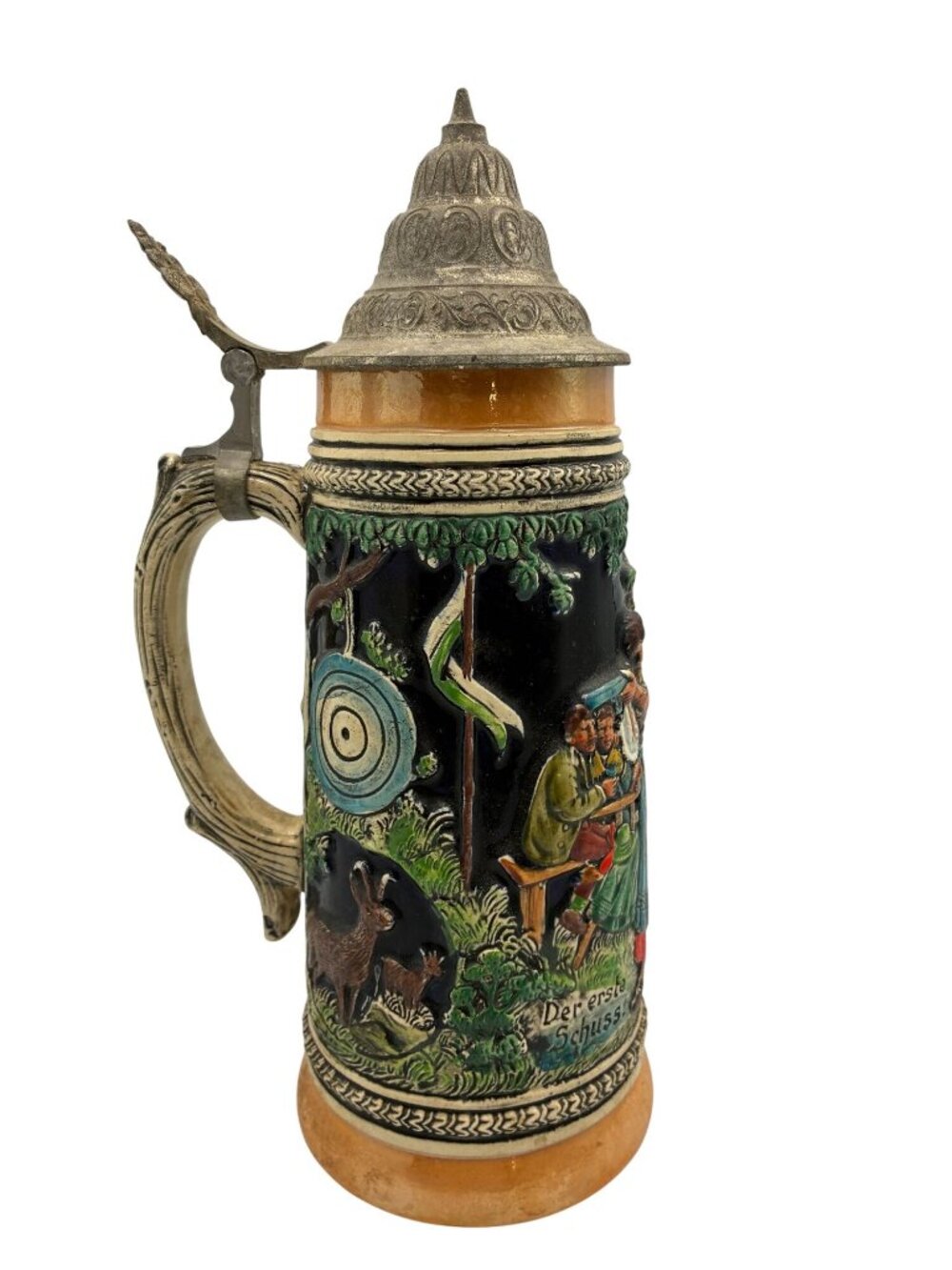 Vintage Western Germany Beer Stein Ceramic Pewter Lid Colorful Raised Design 9"